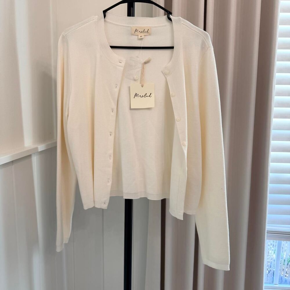 White Button Front Cardigan Medium NWT Minimalist Classic Knit